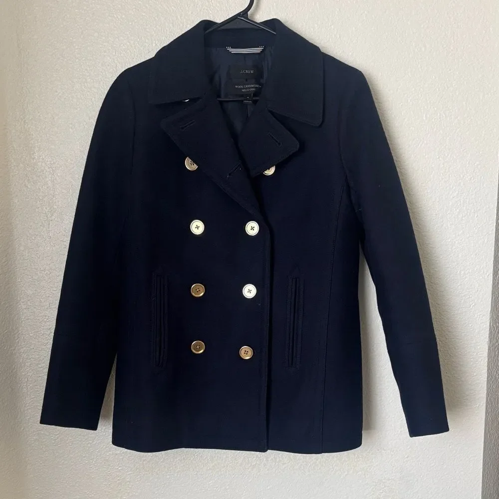 J. Crew Midnight Blue Pea Coat with Gold Buttons Wool & Cashmere Womens Size 4 - Picture 2 of 10